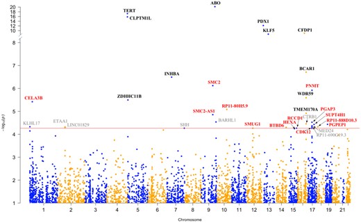 Manhattan plot of the results from the pancreatic cancer transcriptome-wide association study (TWAS). Each point corresponds to an association test between genetically predicted gene expression for a specific gene and pancreatic ductal adenocarcinoma risk. Genes listed in red are located at novel genomic loci, and those in black are known pancreatic cancer risk loci. Genes listed in gray did not pass the threshold for multiple testing (false discovery rate < 0.05) in the independent TWAS analyses. Genes with TWAS P ≤ 9.11 × 10−5 in at least one analysis are annotated.