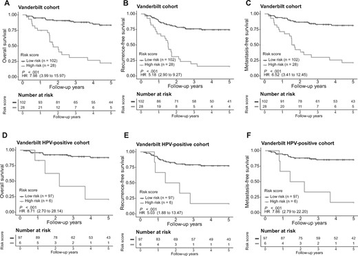 Evaluation of the microRNA (miRNA) signature in the validation cohort. The overall survival, recurrence-free survival, and metastasis-free survival were evaluated in the Vanderbilt validation cohort (A-C). The miRNA signature was also applied to the human papillomavirus (HPV)-positive patient group (D-F) in the Vanderbilt cohort for risk stratification. The patients were stratified into either the high- or low-risk group based on signature risk score. Kaplan-Meier survival curves and log-rank P values are presented. Hazard ratios (HRs) are shown with 95% confidence intervals within parentheses. All statistical tests were 2-sided.