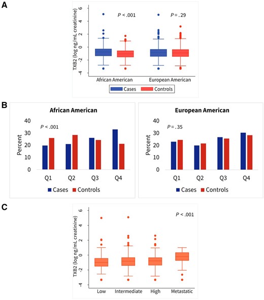 Urinary 11-dehydrothromboxane B2 (TXB2) levels in African American and European American men and their association with prostate cancer and National Comprehensive Cancer Network (NCCN) risk scores. A) Urinary TXB2 levels in cases and controls shown as a continuous measure, stratified by race. B) Bar charts show distribution of cases and controls stratified into African American and European American men across TXB2 quartiles (Q). Q cutoff points originate from the combined control groups and are 0.35, 0.505, and 0.738 ng TXB2/mg creatinine. C) Shown are urinary TXB2 levels across 4 NCCN risk score categories. Two-sided Mann-Whitney (A), χ2 (B), and Kruskal-Wallis (C) tests were applied for statistical significance testing. The error bars in (A) and (C) represent the 95% confidence interval.
