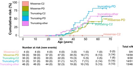 Genotype-specific cumulative breast cancer risks. For female breast cancer, the genotype-specific cumulative cancer risk by variant coding effect and domain is presented for the prevalent cohort excluding index patients who had cancer before genetic testing (ca-index patients). Per age category, the number of females at risk and cumulative number of breast cancer events are presented. At the end, the cumulative number of breast cancer events (n) and the total number of patients included in each genotypic category (N) are presented. C2 = C2 domain; missense = missense variants; other = other domain location than C2 or PD alone; PD = phosphatase domain; truncating = truncating variants.