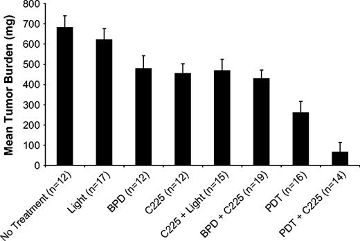 Tumor burden for control and treated groups in acute treatment response studies. Error bars represent 95% confidence intervals. BPD = benzoporphyrin derivative.