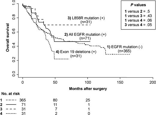  Kaplan–Meier survival curves for non-small-cell lung cancer patients who underwent curative intent resections and did not receive gefitinib or other epidermal growth factor receptor (EGFR)-targeted therapy. There were no statistically significant differences in the survival curves between patients with (+) or without (−) EGFR TK domain mutations. P values (Wald's chi-square test) are two sided. Group 1 = tumors without EGFR TK domain mutations; group 2 = tumors with any EGFR TK domain mutation; group 3 = tumors with the L858R mutation; group 4 = tumors with exon 19 deletions. 