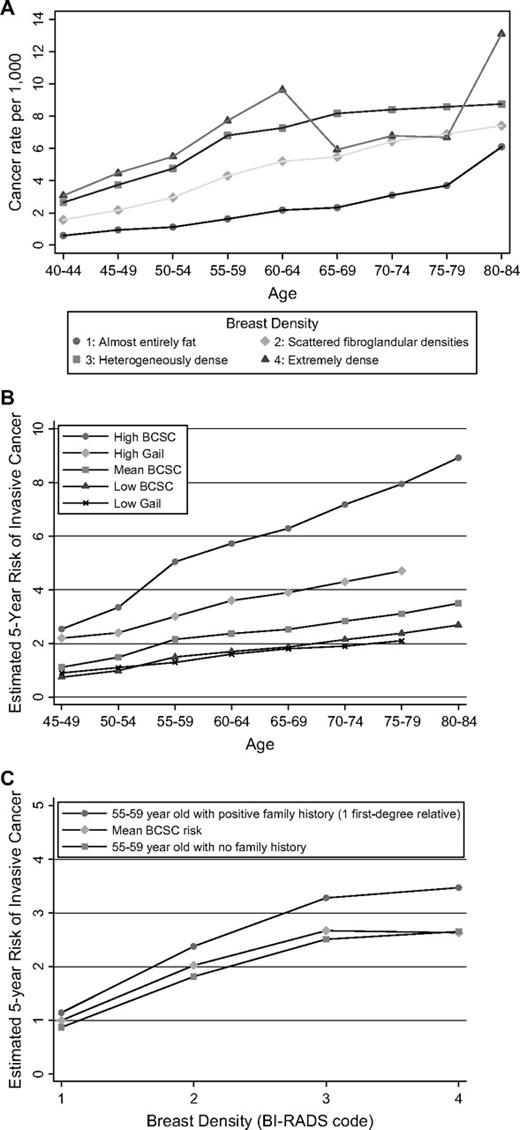 A ) Observed breast cancer rates per 1000 screening mammograms by age and breast density. Density was classified by use of the Breast Imaging Reporting and Data System (BI-RADS) coding system: 1) almost entirely fat ( circles ), 2) scattered fibroglandular densities ( diamonds ), 3) heterogeneously dense ( squares ), and 4) extremely dense ( triangles ). Both invasive cancers and ductal carcinomas in situ are included. B and C ) Breast Cancer Surveillance Consortium (BCSC) estimates are based on a logistic regression model of 7577 invasive breast cancers diagnosed after 1 642 824 screening mammograms in postmenopausal women aged 45–84 years. B ) Estimated 5-year invasive breast cancer risk (percent of women) for high- and low-risk postmenopausal women with the BCSC model and the Gail model by age. The mean risk is the mean of the estimated risk in that age group. The high-risk estimate is based on a non-Hispanic white woman with a prior breast procedure, with a family history of breast cancer (one relative), with a body mass index (BMI) of 30–34 kg/m 2 , with current use of hormone therapy, and who had natural menopause. She had a breast density of 3 on the BI-RADS scale, had her first child before the age of 30 years, and had a negative last mammogram, so that she was not at high risk on all factors. The low-risk woman had a breast density of 2 on the BI-RADS scale, a negative family history, a surgical menopause, and no current use of hormone therapy, but her other characteristics were otherwise identical to the high-risk woman. Ages were varied from 45 to 80 years, and the estimated 5-year risk was plotted. The Gail estimates assume that age at menarche was 12–13 years, that the family history of breast cancer was positive indicating one affected first-degree relative, and that a prior breast procedure was equivalent to a single benign breast biopsy examination. C ) Estimated 5-year invasive breast cancer risk for postmenopausal women from the BCSC model by breast density. The age-specific estimate was based on a non-Hispanic white woman with no prior breast procedure, a BMI of 30–34 kg/m 2 , no current hormone therapy, natural menopause, birth of her first child before age 30 years, and the last mammogram being negative. The risk for that woman is shown if she has none or one first-degree relative with breast cancer. Density ranged over all four BI-RADS categories. 