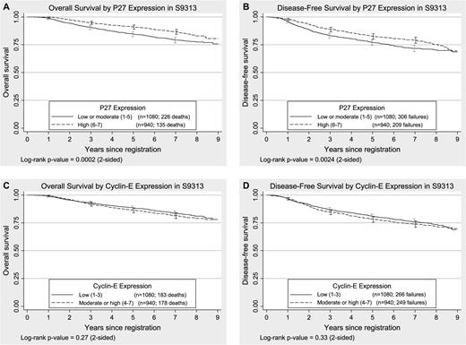  Kaplan–Meier plots of overall survival and disease-free survival by p27 Kip1 (p27) and cyclin E expression in tumors from women enrolled in S9313. A and B ) p27 expression. C and D ) Cyclin E expression. Overall survival was defined as the time to death from any cause. Disease-free survival was defined as the time to first recurrence (local, regional, or distant), new primary cancer in the contralateral breast, or death due to any cause. All statistical tests were two-sided. The 95% confidence intervals are shown at 1, 3, 5, and 7 years for both treatment groups. The numbers of patients at risk for death due to any cause (overall survival) at 0, 1, 3, 5, and 7 years were 2020, 1995, 1833, 1706, and 1037, respectively. The numbers of patients at risk for death or recurrence (disease-free survival) at 0, 1, 3, 5, and 7 years were 2020, 1951, 1699, 1551, and 940, respectively, for the entire sample. 