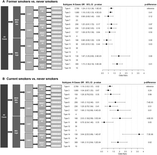 Associations between former and current smokers and risk of CRC subtypes defined by combined marker status. Two-sided Wald test was used to calculate the P values from the case-control analysis (N controls = 11 231) and case-only analysis (Pdifference). A Bonferroni corrected P value threshold of 5.0 x 10-3 was used for both case-control and case-only analyses. Error bars represent the 95% confidence intervals (CIs). CIMP = CpG island methylation phenotype; CRC = colorectal cancer; MSI = microsatellite instability; MSS = microsatellite stable; mut = mutated; OR = odds ratio; wt = wild type.
