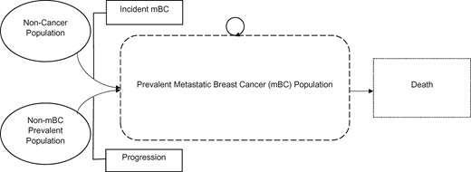 Model schematic for projections of metastatic breast cancer cases and costs.