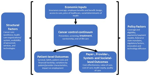 Cancer health economics research framework. (Adapted from Halpern et al. A framework for cancer health economics research. Cancer. 2021;127:994-996.1 QALY = quality adjusted life year.