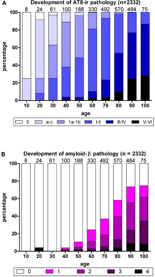 Development of phospho-tau (AT8)-immunoreactivity (ir) versus β-amyloid (Aβ) pathologic findings. (A) White columns indicate the relative frequency of 2,332 nonselected autopsy cases devoid of any abnormal intraneuronal tau deposits. Columns in shades of blue indicate the relative frequency of cases with all types of intraneuronal lesions (Braak NFT stages). (B) Development of extracellular Aβ deposits. Purple areas within the columns indicate subgroups of cases showing plaque-like Aβ-amyloid deposits in temporal neocortex (Phase 1, light purple), allocortex and neocortical association areas (Phases 2 and 3, middle purple and dark purple), or in virtually all cerebral cortical regions (Phase 4, black). Note the relatively late appearance of Aβ plaques in comparison to subcortical neurofibrillary tangles. This figure is reproduced with permission from the Journal of Neuropathology and Experimental Neurology (2011;70:960–99) (44). Copyright 2011, American Association of Neuropathologists.