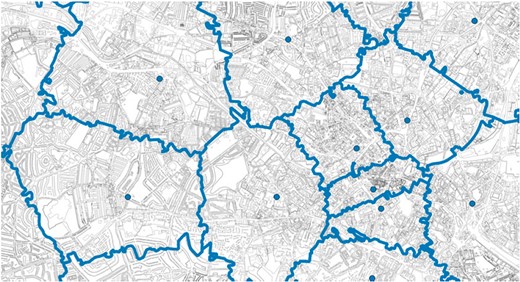 Location of exchange boxes and exchange catchment area boundaries, Birmingham 2005. The figure illustrates the location of exchange boxes and their boundaries for the city of Birmingham in 2005. The bold lines reflect the thresholds/technical boundaries of each exchange catchment area which rarely follows a straight line.
