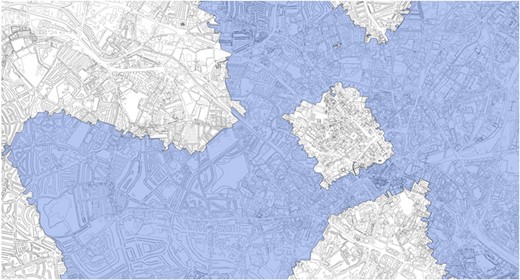 Exchange station catchment area boundaries, Birmingham 2000. The figure demonstrates the spatial variation in broadband availability in Birmingham for the year 2000. The shaded regions reflect exchange catchment areas enabled with broadband, while the unshaded regions reflect areas without broadband access.