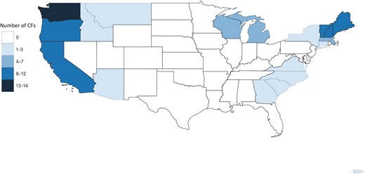 Location of CFs in our database. In this article, we refer to three regions in discussing our results: the West, which includes CFs found in Montana, Idaho, Washington, Oregon, California, and Arizona; the North, which includes Maine, Vermont, New Hampshire, Massachusetts, New York, Connecticut, Michigan, and Wisconsin; and the South, which includes Georgia, North and South Carolina, Virginia, and Puerto Rico.
