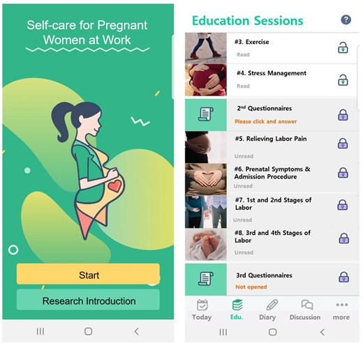 Screenshots of the Self-care for Pregnant Women at Work (SPWW) Mobile Application.