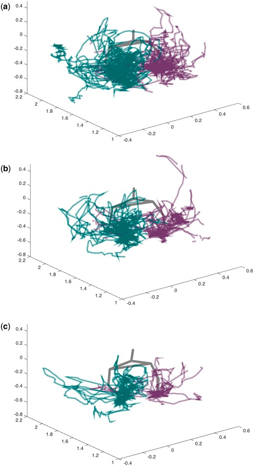 3D representation of the position of the two wrists in XYZ space as traces over the time span of a whole round for the same participant in (7 a) Round 2, (7 b) Round 3, and (7 c) Round 4.