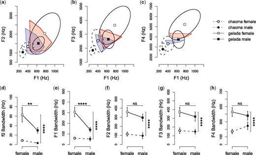Between-species comparisons of (a–c) formant space, (d) fundamental frequency (f0) modulation and (e–h) formant modulation. Formant space comparisons were made for (a) F1–F2 space, (b) F1–F3 space, and (c) F1–F4 space in chacma baboon and gelada exhaled grunts and in human English vowels. Circle symbols and dotted lines (chacma baboons) and squares and solid lines (geladas) represent the mean formant frequencies surrounded by the 95% confidence interval ellipses. Open symbols represent females and solid symbols represent males. Human vowels (red—women; blue—men) are represented by convex hulls determined from published vowel formant frequencies (Hillenbrand et al., 1995). f0 and formant bandwidths are used to characterize modulation (d–h) in chacma baboon and gelada exhaled grunts. Points and whiskers indicate mean ± 2 SEM. To make comparisons, ANOVAs included species, sex and the species*sex interaction as fixed effects. * P < 0.05, ** P < 0.01, *** P < 0.001, **** P < 0.0001. Sample sizes (each data point representing a single individual) are reported in Table 1.