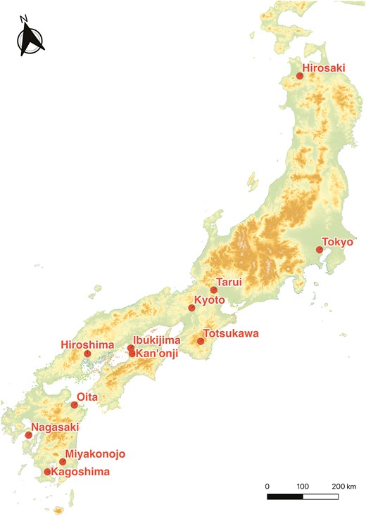Locations of the modern dialects analyzed in this study. This figure was created based on the base map in Geospatial Information Authority of Japan (2006).