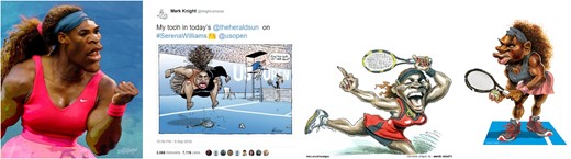 From left to right: Serena Williams by cartoonist–artist D. W. Robinson, Canada (n/d website gallery), permission to use granted by © D. W. Robinson; Serena Williams by political cartoonist © Mark Knight, Australia (Twitter, 9 September 2018; The Hill, 25 February 2019), full Twitter image displayed, thus permission to use granted; Serena Williams by caricaturist–cartoonist Taylor Jones, USA (13 September 2011 caglecartoons.com), permission to use granted by © Taylor Jones; Serena Williams by caricature–artist-illustrator Ernesto Priego, Spain (n/d website gallery), permission to use granted by © Ernesto Priego.