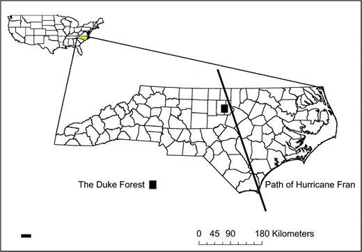 The location of the Duke Forest and the path of 1996 Hurricane Fran in North Carolina, USA.