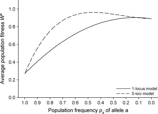 Average population fitness W* of modules of a clonal plant as a function of population allele frequency pa(2) under consideration of genetic segregation, recombination and population dynamics according to the gametic CSM.