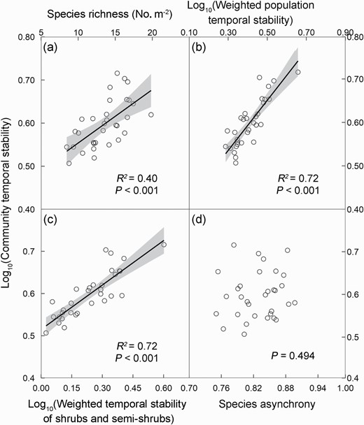 Relationships of community temporal stability with species richness (a), the weighted temporal stability of population (b) and shrubs and semi-shrubs (c) and species asynchrony (d) over the 15 years. Values of the temporal stability of community, population, and shrubs and semi-shrubs are log-transformed. Each data point represents 15 years mean value in each of the 32 subplots. The solid line and shaded area represent regression line and 95% confidence interval, respectively.