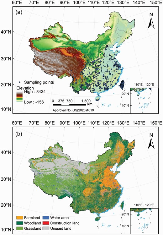 (a) The distribution points of Broussonetia papyrifera and (b) land use and land cover in China.