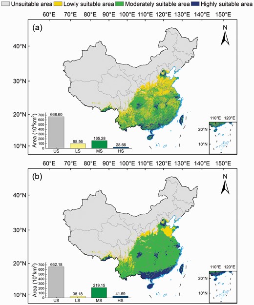 Current potential suitable areas for Broussonetia papyrifera. Models driven by (a) bioclimatic and soil variables and (b) bioclimatic variables.
