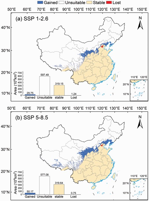 Changes in the potential geographical distribution of Broussonetia papyrifera under (a) SSP1-2.6 and (b) SSP5-8.5 scenarios.