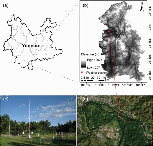 Geographical location (a), elevation information (b), image of the observation site (c) and satellite image (d) of the Tropical Rainforest Comprehensive Meteorological Observation Field in Menglun Town, Mengla County, Xishuangbanna. The image (c) is acquired from the official website of the National Field Observation and Research Station of Forest Ecosystem in Xishuangbanna, Yunnan, http://bnf.cern.ac.cn.