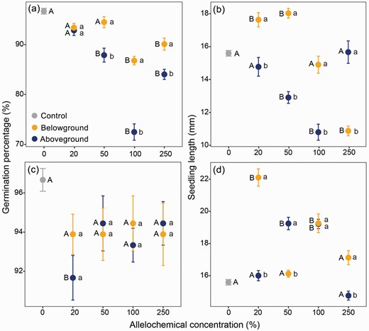 Effect of ethanol extracts derived from aboveground or belowground vegetation in low-elevation (a, b) and middle-elevation (c, d) communities on seed germination percentage (a, c) and seedling growth (b, d) of cushion Arenaria polytrichoides. Superscript lowercase letters indicate significant differences between above- and belowground vegetation at specific extract concentrations, while uppercase letters indicate significant differences between the control treatment (cultivated in distilled water) and extracts of varying concentrations.