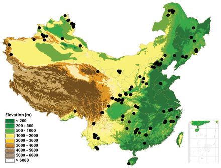 forest plots across mountains of China used in this study, covering tropical to boreal forests along the latitudinal gradients and humid to arid regions from eastern to western China. Many plots overlap each other and are thus not visible.