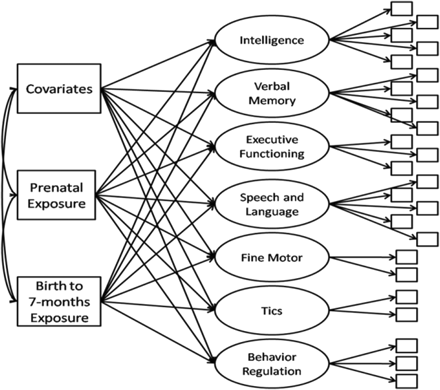 The structural MIMIC model utilizing seven latent variables. The covariates are represented by one box for display purposes but were entered statistically as individual items.
