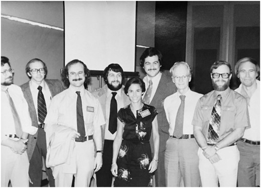 At the 1979 Annual Convention of the Association for Behavioral Analysis: From left to right: Todd Risley, PhD; Crighton (Buddy) Newsom, PhD; Edward (Ted) Carr, PhD; Arnold Rincover, PhD; Laura Schreibman, PhD; Dennis Russo, PhD; B.F. Skinner, PhD; Robert Koegel, PhD; and O. Ivar Lovaas, PhD.