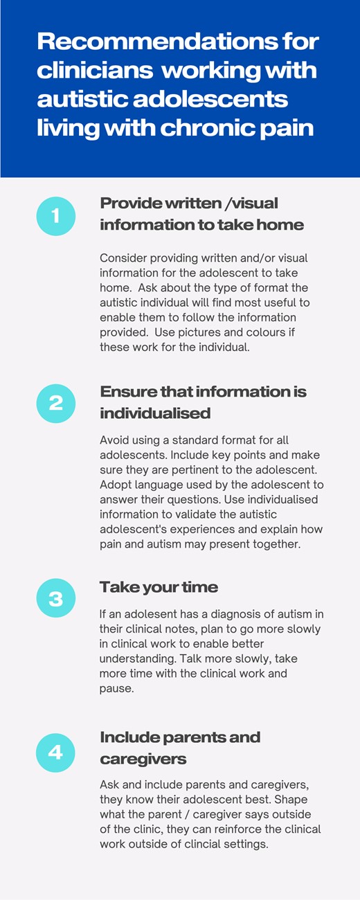Recommendations for clinicians working with austistic adolescents living with chronic pain.