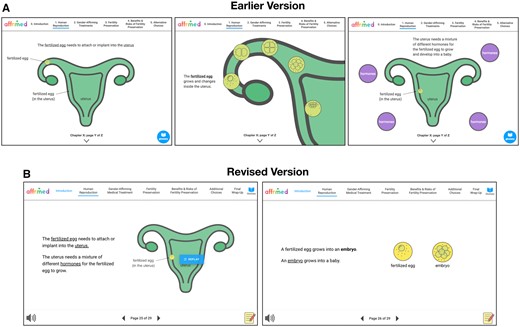 Creating iterations based on participant feedback. (A) In the earlier version, participants noted the fertilized egg did not stand out due to the green on green color. Participants also voiced confusion regarding the explanations and visuals depicting development of the fertilized egg. (B) In the revised version, the color of the fertilized egg was made brighter to be more noticeable. Concepts regarding the anatomy and physiology of fertilization were simplified which reduced confusion in the revised version.