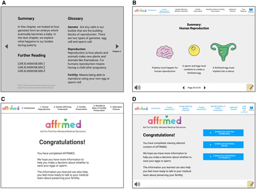Showing the evolution of AFFRMED. (A) and (B) shows the evolution of individual chapter summaries. (C) and (D) show the evolution of the final wrap-up page. As shown in (D), in the final version, users can download chapter summaries along with notes and questions they have jotted down at the very end of the module. Such chapter summaries and notes can be emailed or saved onto users’ computers.