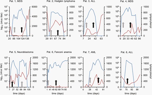 AdV load and lymphocyte counts in blood during antiviral treatment. AdV load is given in blue, the lymphocyte counts are in red. Gray arrows indicate the start of treatment with CDV, black arrows with BCV. Abbreviations: AdV, adenovirus; ALL, acute lymphoblastic leukemia; AML, acute myeloid leukemia; BCV, brincidofovir; CDV, cidofovir; MDS, myelodysplastic syndrome.