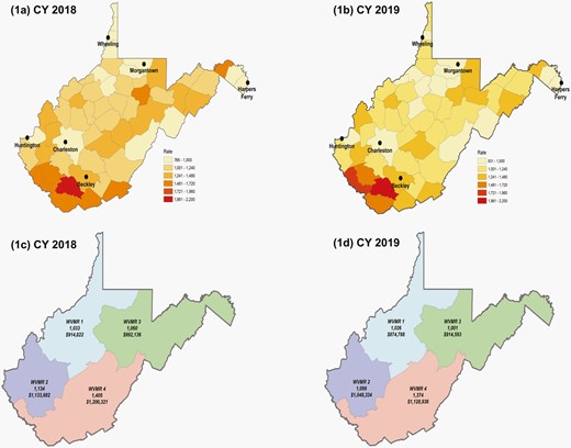 GIS mapping of prescription rates per 1000 WV children on Medicaid by county and WVMR, CY 2018 (a, c) and 2019 (b, d). Total oral antibiotic cost by WVMR also included (b, d). Colors are only representative of different WVMRs for both c and d. Abbreviations: GIS, geographic information system; WV, West Virginia; WVMR, West Virginia Medicaid Region.