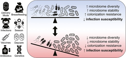 Host factors and exposures that influence microbiome colonization resistance and host infection susceptibility. Two microbial communities are shown representing opposite ends of the spectrum of microbiome diversity, stability, colonization resistance, and host susceptibility to infection. Compared with the microbiome shown at the bottom of the figure, the microbiome at the top of the figure has higher diversity in that it contains more species and these species have similar abundances; such a state is also generally associated with higher stability (more resiliency to external perturbations), the ability to more effectively resist colonization by potential pathogens, and lower susceptibility to infections.