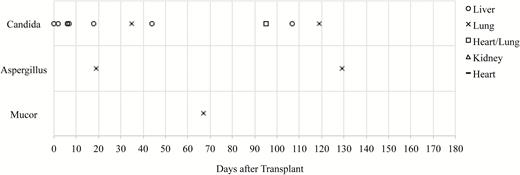 Distribution of invasive fungal disease events according to time after transplant.