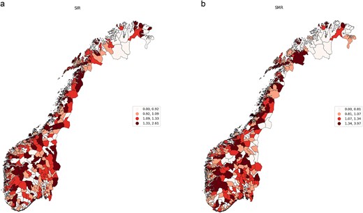 (a) Municipality-level standardized late-stage incidence rate for CRC, 2016–2020, Norway. (b) Municipality-level standardized mortality rates for CRC, 2016–2020, Norway.