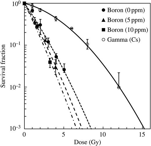 Survival curves for irradiation of V79 Chinese hamster cells with γ-rays and with the epithermal neutron beam in the JRR-4 incubated with boric acid of 0, 5 and 10 ppm 10B concentrations. The data were plotted as a function of the absorbed dose and were fitted by LQ equations.