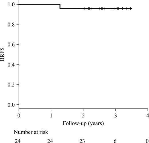 Kaplan–Meier curve of the BRFS rate. The BRFS rate at 2 years was 95.8%. One patient failed biochemically at 15 months, but his PSA level dropped naturally to 1.12 ng/ml. This increase in PSA was considered a benign PSA bounce. BRFS = biochemical relapse-free survival, PSA = prostate-specific antigen.