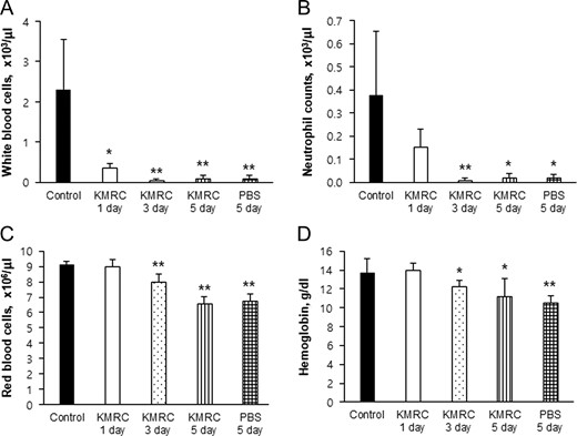 Comparison of peripheral blood white blood cells (Panel A), neutrophils (Panel B), red blood cells (Panel C) and hemoglobin concentration (Panel D) in C57BL/6N mice. KMRC011 was intramuscularly injected 15 min after 11 Gy total body irradiation (TBI), except for the control group. Data are expressed as mean ± SD (n = 6). *P < 0.05 and *P < 0.05 versus the control group, using two-tailed t-tests.