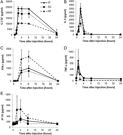 Time-dependent changes in cytokine levels in the serum of non-irradiated ICR mice injected intramuscularly, intraperitoneally or subcutaneously with KMRC011 (0.2 mg/kg). Serum levels of G-CSF (Panel A), IL-6 (Panel B), IFN-γ (Panel C), TNF-α (Panel D) and IP-10 (Panel E) after KMRC011 injection were measured. Data are expressed as mean ± SD (n = 5).