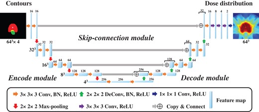 Schematic diagram of the convolutional neural network architecture used for intensity-modulated radiation therapy dose distribution prediction for input contours from planning computed tomography images.