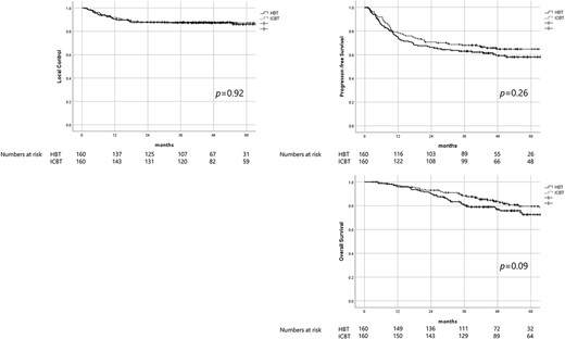 Shows the Kaplan–Meier LC, PFS and OS curves stratified by ICBT and HBT after adjustment of potential confounding factors between the two groups with propensity score matching.