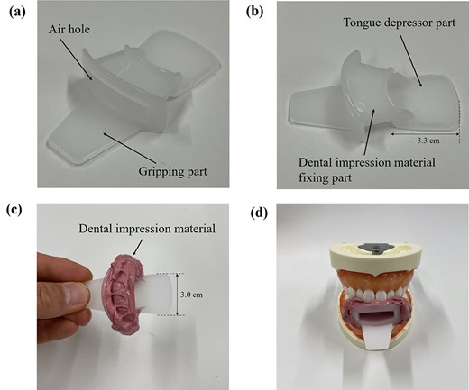 Structures and function of the developed mouthpiece for radiotherapy. The mouthpiece consists of a gripping part, an impression material-fixing part and a tongue depressor part (a, b). An example of a tooth mold made using the mouthpiece and dental impression material is shown (c, d).