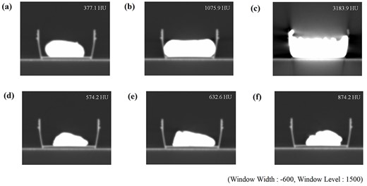 Dental impression materials and HU values. The numbers in the figure indicate the HU values. The windowing condition was set to a constant value (window level: 1500, window width: −600). (a) Aroma Fine Plus, (b) Exafine (Putty type), (c) Correct Plus, (d) Fusion II (Wash type), (e) Fusion II (Monophase type) and (f) Fusion II (Heavy Body type).
