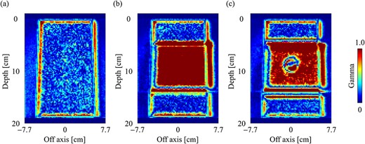 Gamma distribution (3%/2 mm) of dose distributions with the field size of 10 × 10 cm2 in the central slice for (a) water, (b) slab lung and (c) spherical tumor-inserted slab phantom.