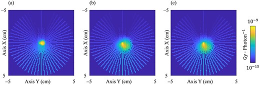 Generated 3D EDK of the primary photon energy at 4 MeV in the XY plane at the origin as shown in Fig. 1. The primary photon interacts at the center of the image. (a–c) show the EDKs generated in 0.25, 1.0 and 2.0 g·cm−3 water, respectively. WW, 10−15–10−9 Gy photon−1.