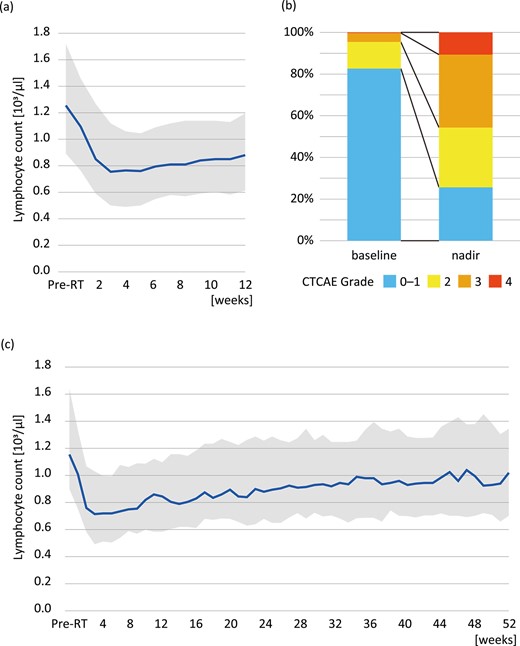 Lymphocyte counts before and after radiotherapy. (a) Time-course changes of lymphocyte count shown as median and IQR over a 12-week period for all cases, (b) CTCAE grades before the start of radiotherapy and at nadir and (c) long-term analysis in patients who survived for 1 year or longer.